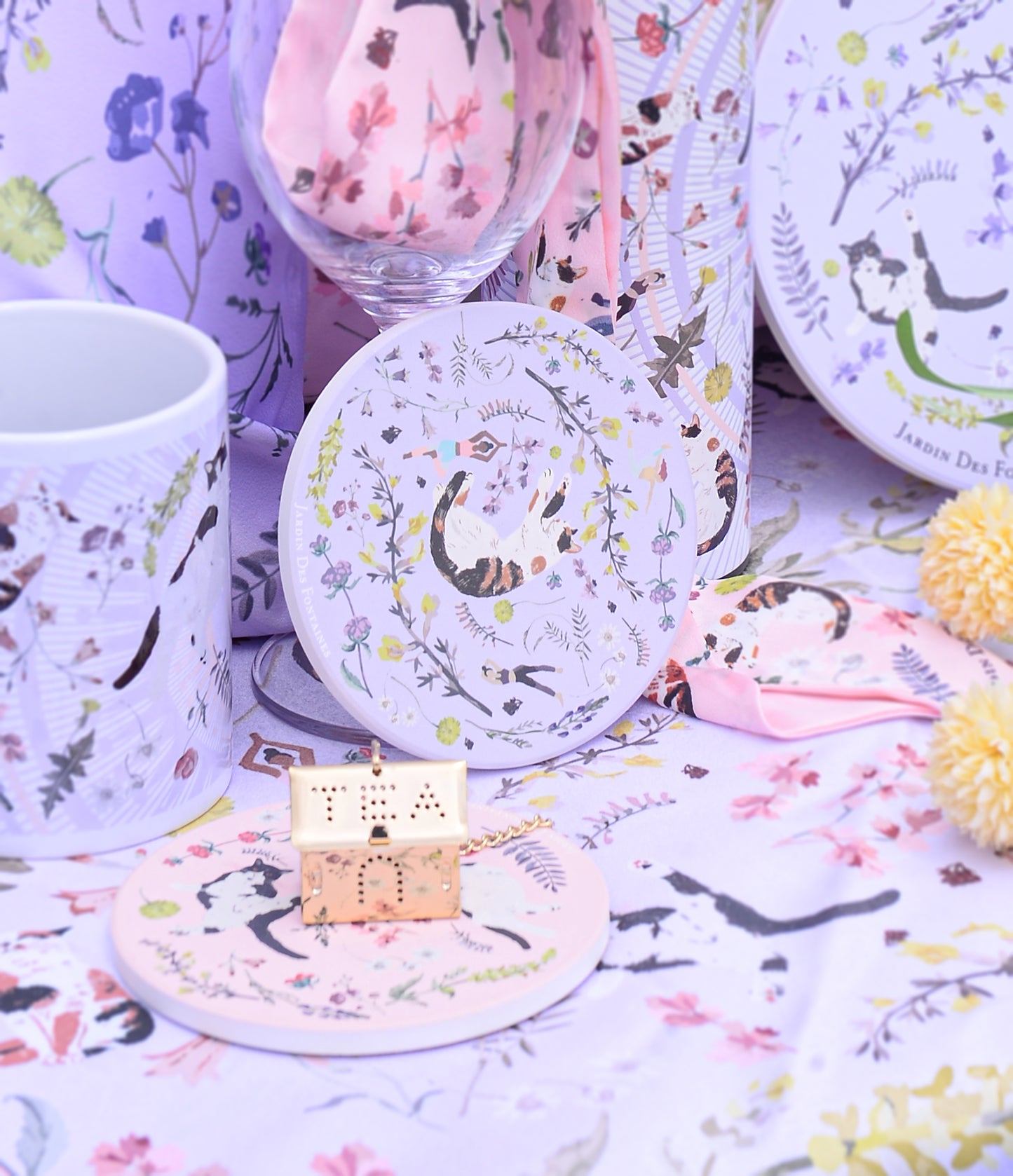 "Yogis Cat and Flower" Ceramic Coaster