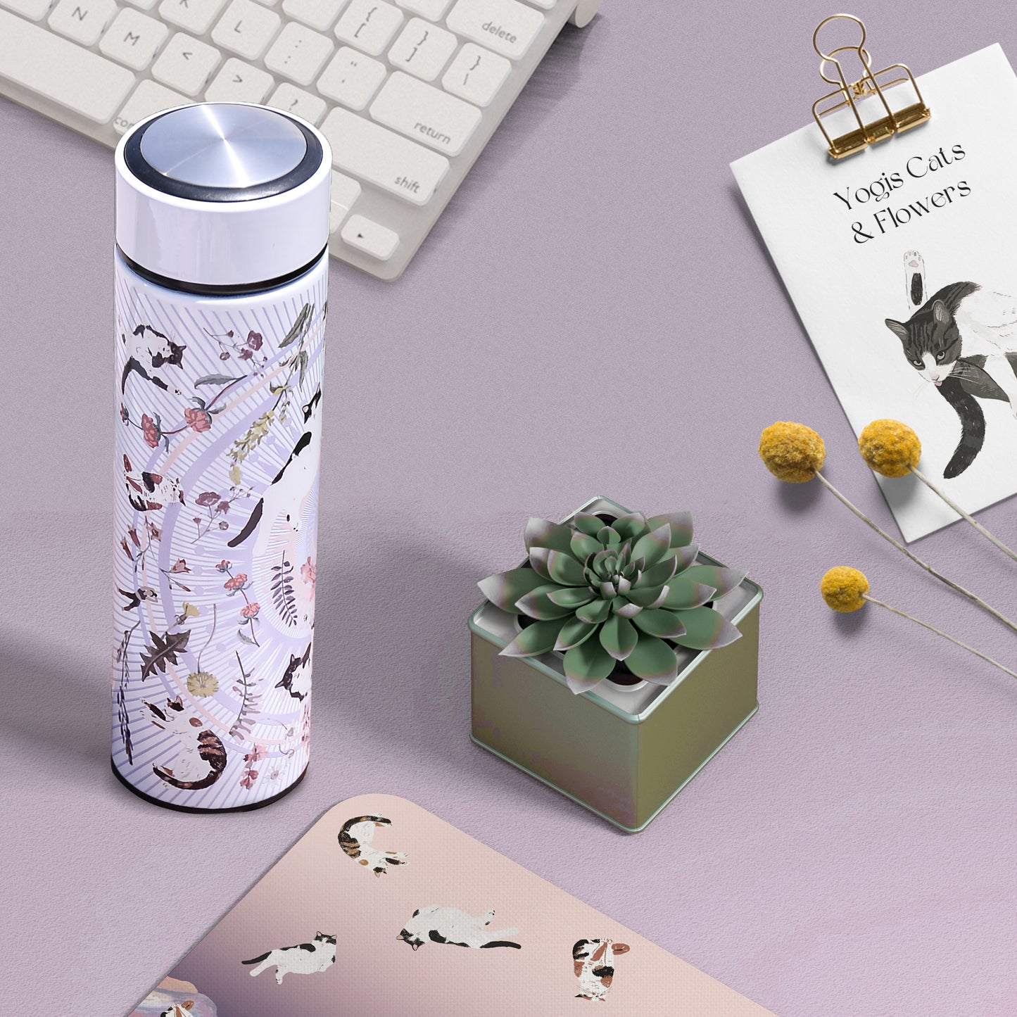 "Yogis Cat and Flower" Vacuum Water Bottle (500ml)