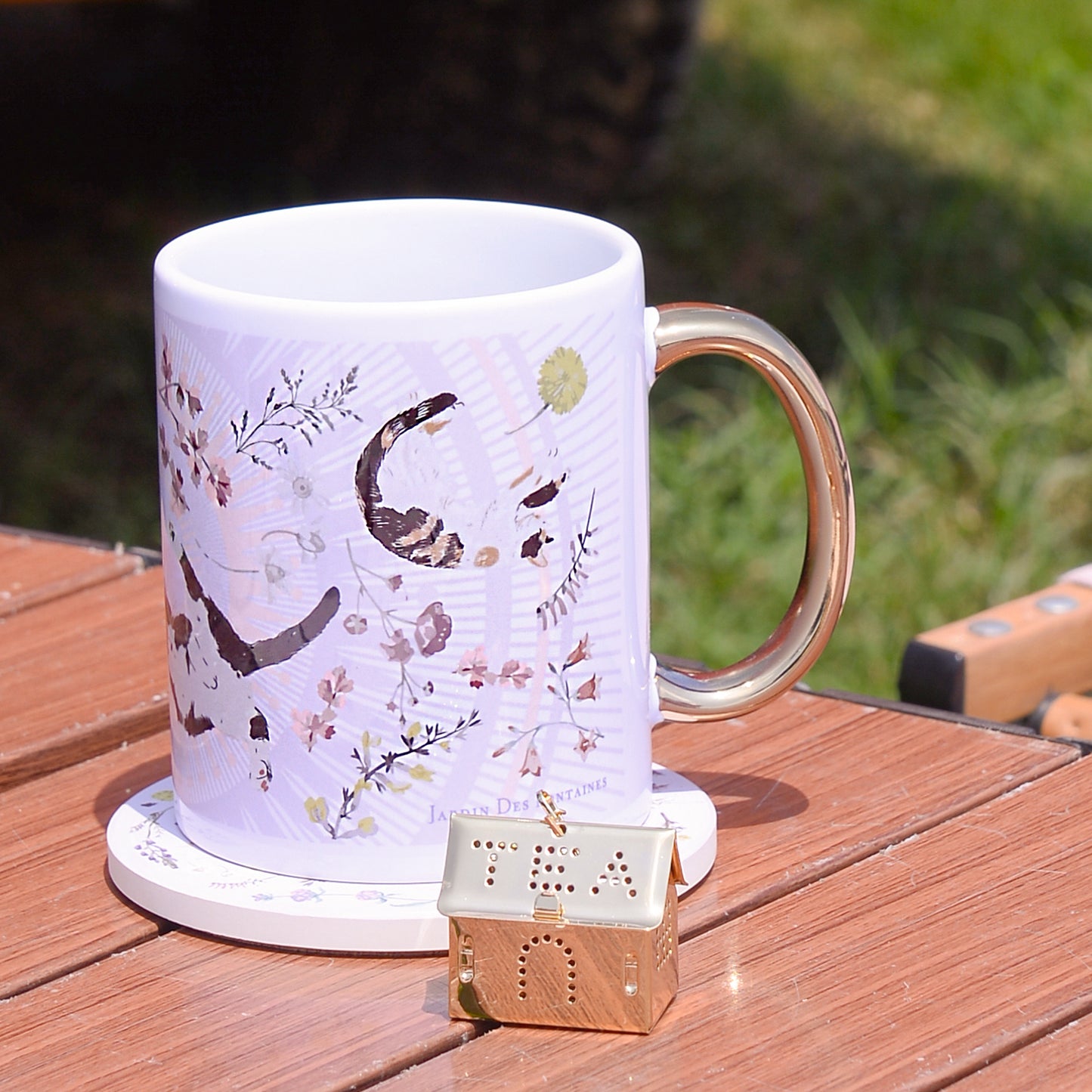 "Yogis Cat and Flower" Mug, Tea Infuser and Coaster Set