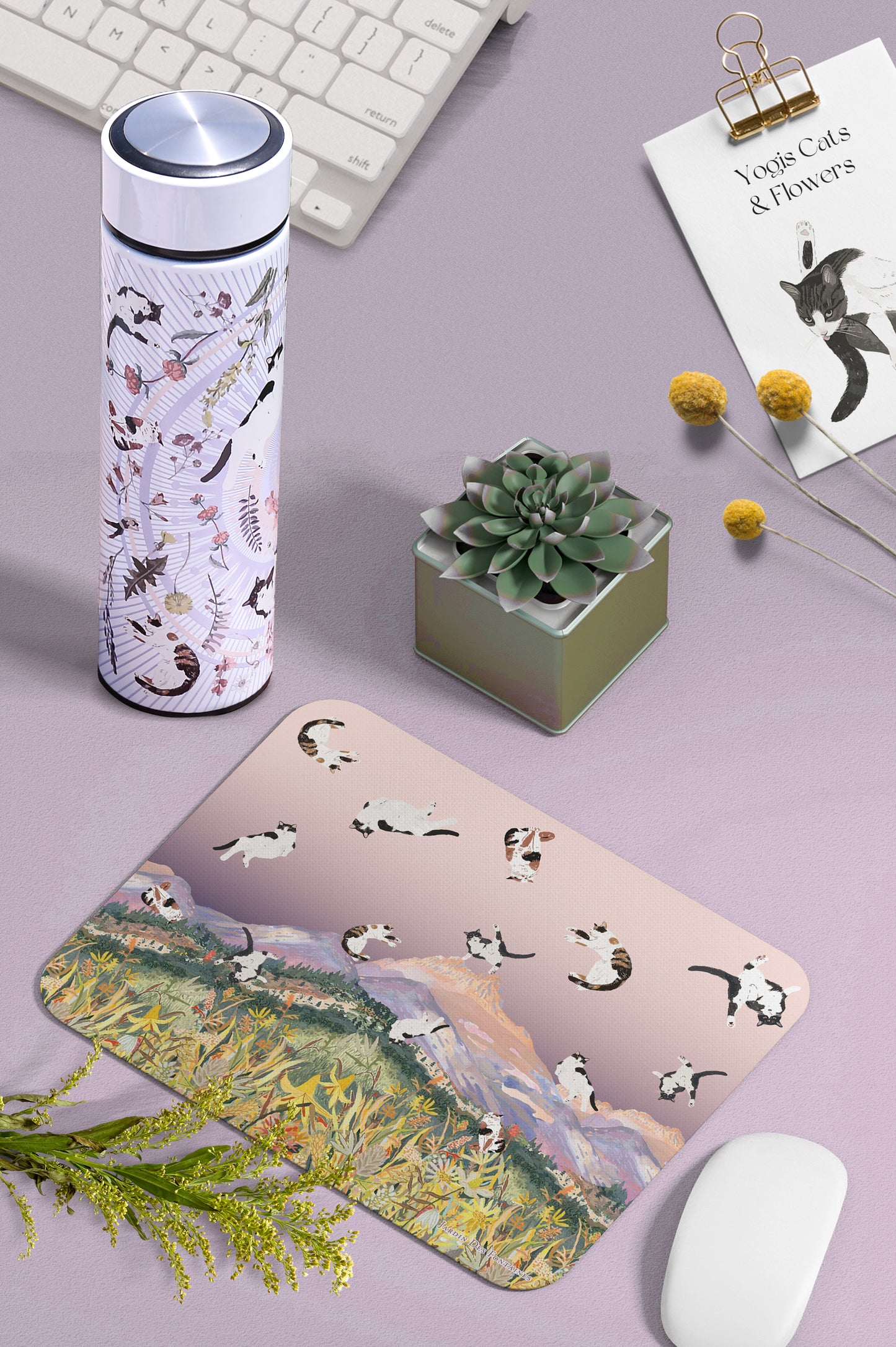 "Yogis Cat and Flower" PU Leather Mouse Pad