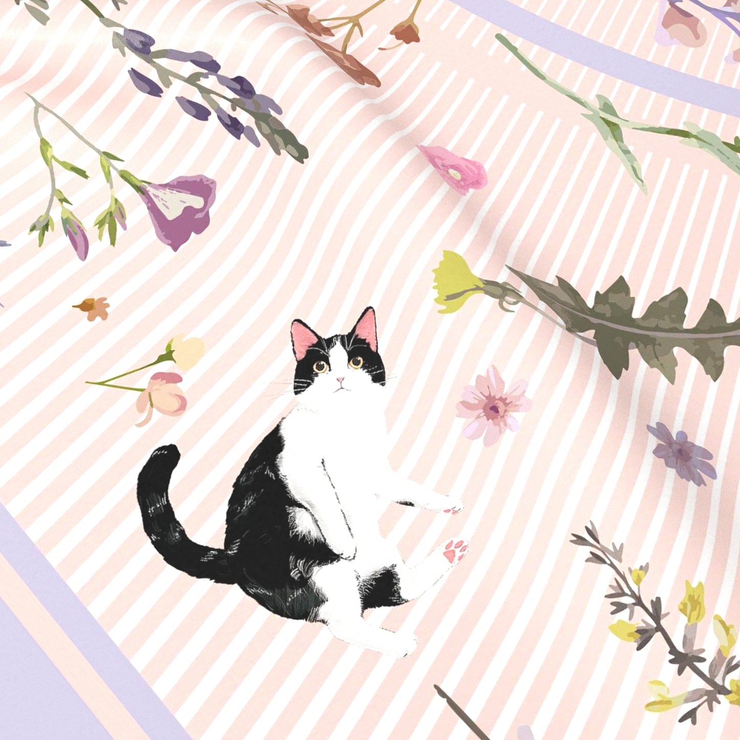 "Yogis Cat and Flower" Pink and Purple Silky Scarf (60cm)