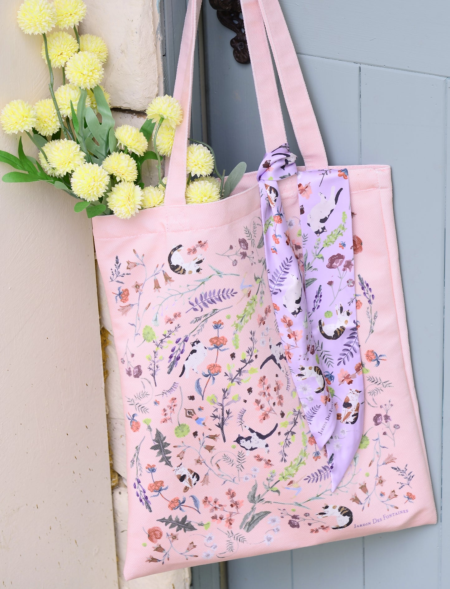 "Yogis Cat and Flower" Twilly Silky Scarf (105cm)