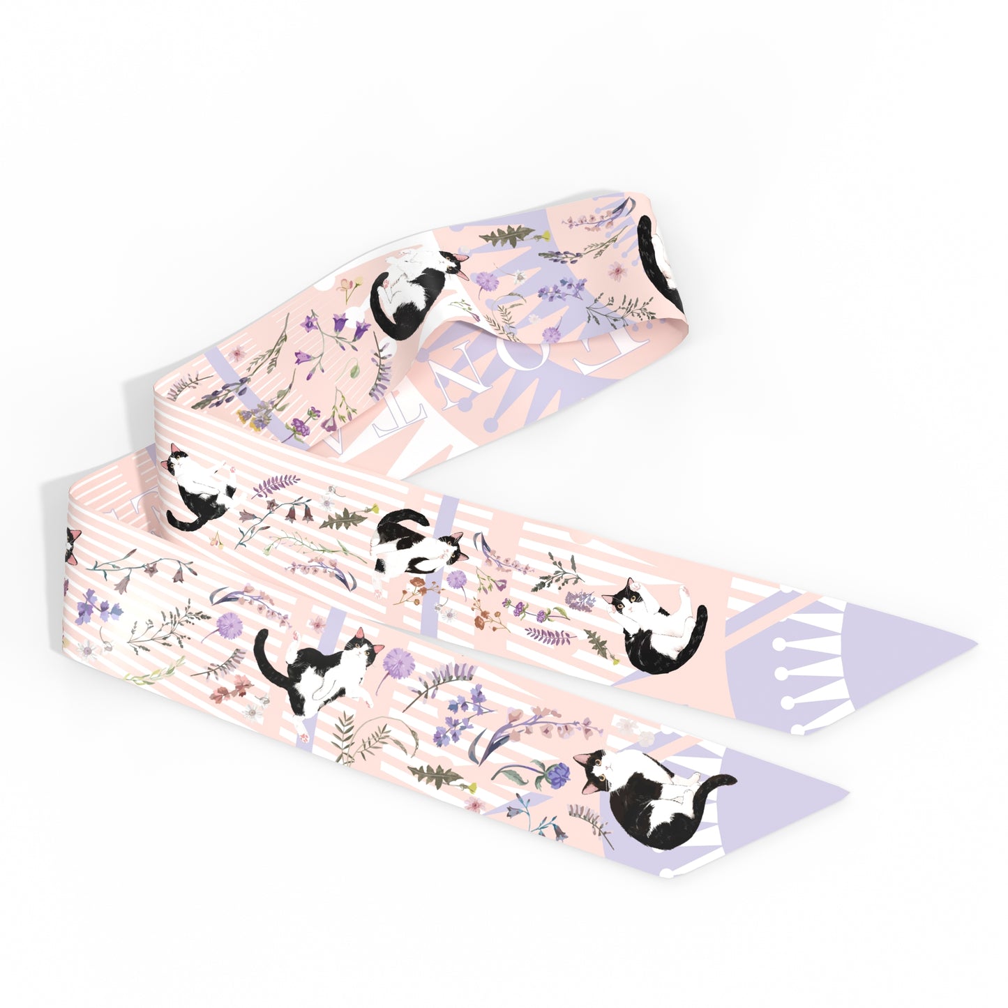 "Yogis Cat and Flower" Pink and Purple Twilly Silky Scarf (105cm)