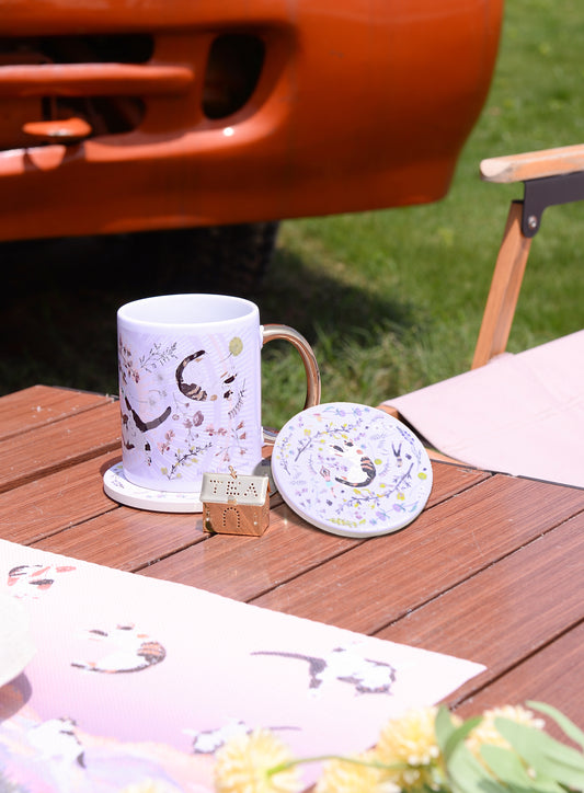 "Yogis Cat and Flower" Mug, Tea Infuser and Coaster Set