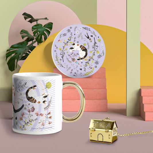 "Yogis Cat and Flower" Mug, Tea Infuser and Coaster Set