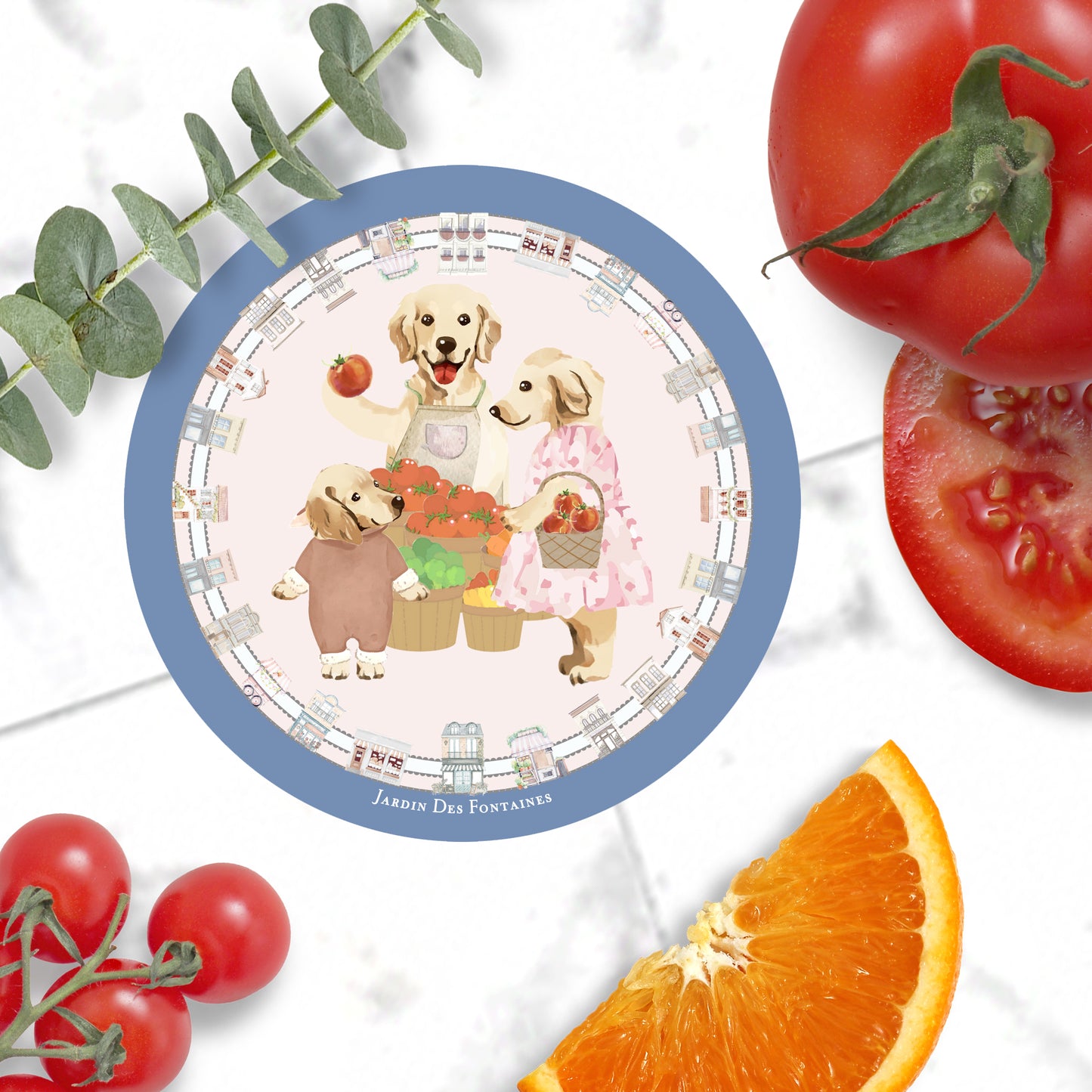 "Oh My Dog" Golden Retriever & Tomato Ceramic Coaster