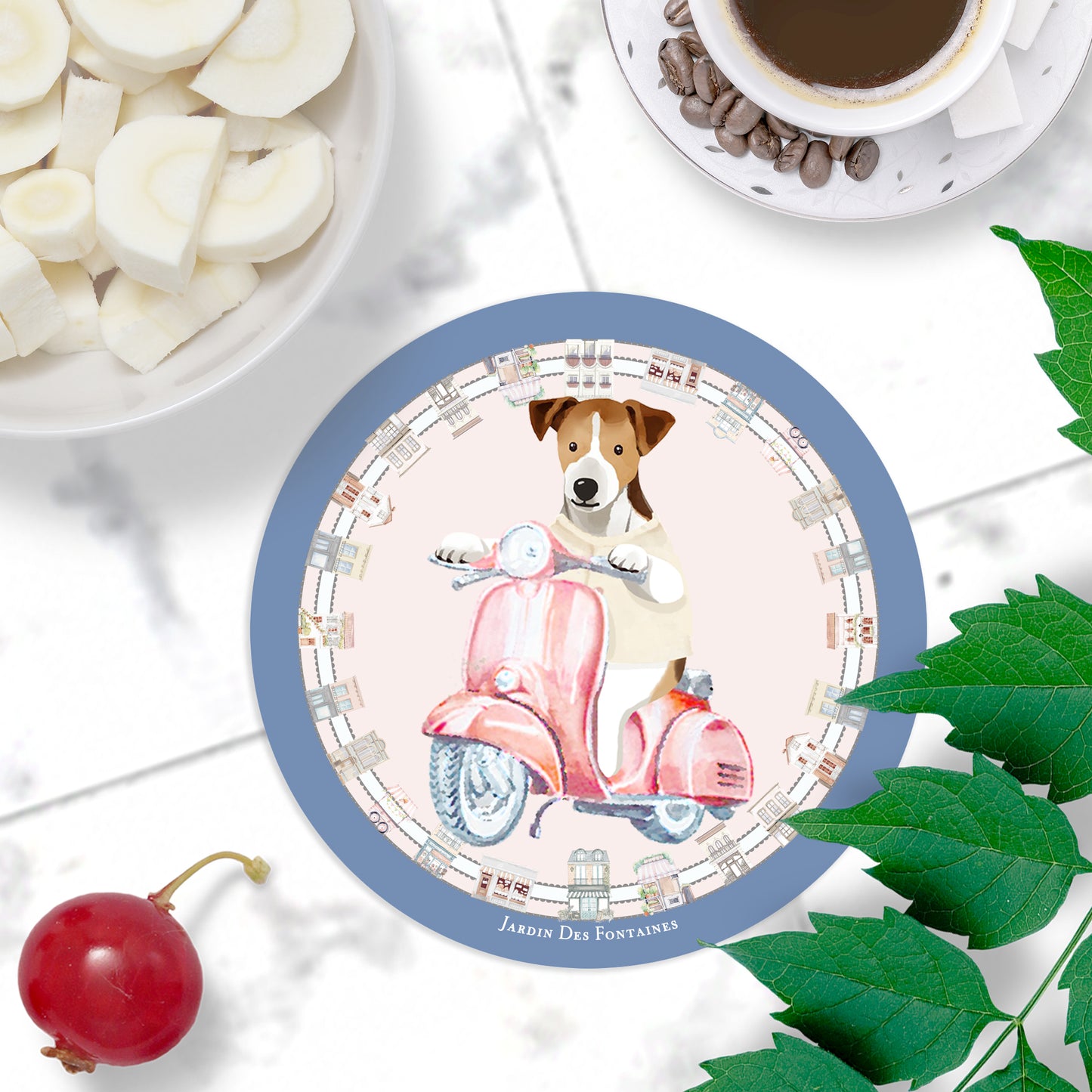 "Oh My Dog" Jack Russell & Vespa Scooter Ceramic Coaster
